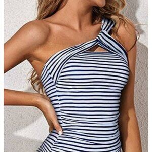 Womens Striped One-Shoulder Swimsuit With Bikini Bottoms 18W Navy/White Tempt Me